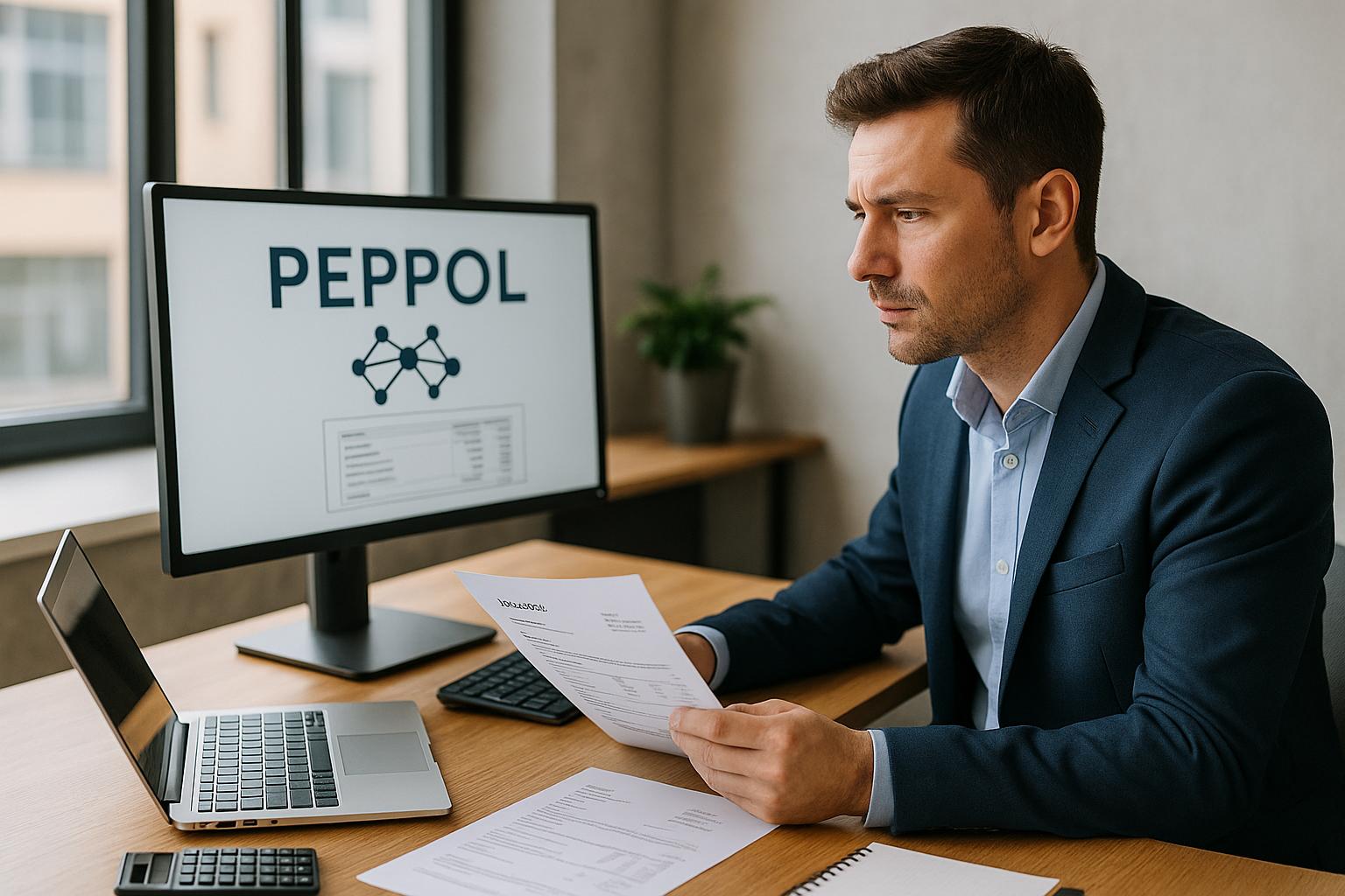 Ondernemer bekijkt Peppol-facturatie op laptop met WinAuditor software in modern kantoor